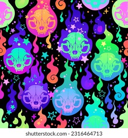 Cute rainbow animal skulls in flames