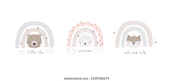 Cute rainbow and bear, fox, bunny - vector print for baby. Vector print for creating posters, invitations, cards and wall decor 