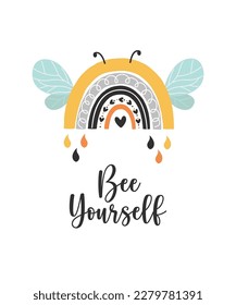Cute Rainbow with Bee face and lettering Bee Yourself. Hand drawn Bee animal baby illustration. Cute honey phrase. Nursery art. Vector kids logo design. Honey bumblebee.