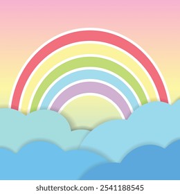 Lindo arco iris y nubes azules sobre fondo rosa pastel. Diseño para impresión o pantalla de fondo, azulejo, Fondo de pantalla o tarjeta. Día lluvioso. Dulce sueño. Vector. Ilustración.