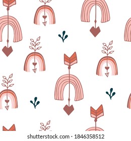 cute rainbow boho pattern seamless.Cute doodle decorative scandinavian print for textile, fabric, apparel gender-neutral kid nursery design. Kids boho rainbow pattern with modern pastel rainbows.