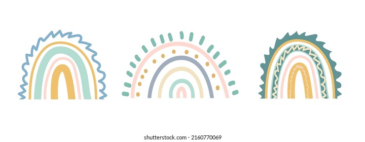 Cute rainbow in boho style for decorating the children room. Vector bedding set of illustrations on an isolated background for printing postcards, posters, banners, wallpapers, stickers.