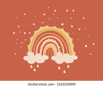 Cute rainbow in boho style for decorating the children room. Vector bed illustration on an isolated background for printing postcards, posters, banners, wallpapers, stickers.