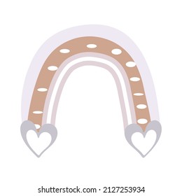 Cute rainbow in boho style with dots and hearts. Drawing by hand. Childish cartoon illustration isolated on white background. Neutral color palette.