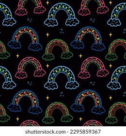 El arcoiris suave al estilo boho. Patrón sin foco. Arcoiris colorido en forma de doodle para envolver papel, textiles, papel pintado, estampados, tela