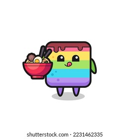 cute rainbow cake character eating noodles , cute style design for t shirt, sticker, logo element