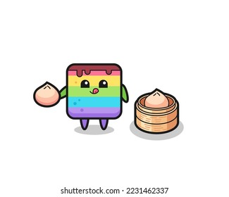 cute rainbow cake character eating steamed buns , cute style design for t shirt, sticker, logo element