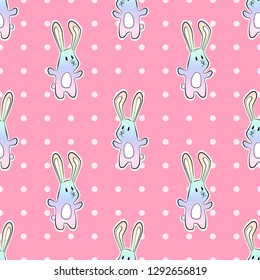 cute Rainbow cartoon bunny rabit with dots seamless pattern