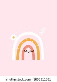 Cute rainbow cartoon with daisy flower and hand drawn leaves on pink background vector illustration.