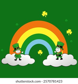 Cute Rainbow Cartoon Style Flat Design St. Patrick's Day Icons Patrick and the Two Leprechauns