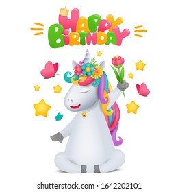 Cute rainbow cartoon unicorn character with flower in hand. Birthday card template. Vector illustration