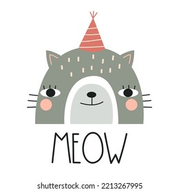 Cute rainbow with cat face and lettering MEOW. Nursery art. Vector illustration