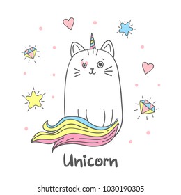 Cute rainbow cat unicorn vector illustration.