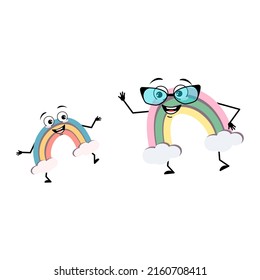 Cute rainbow character with glasses and grandson dancing character happy emotion, face, smile eyes, arms and legs. Person with funny expression and pose. Vector flat illustration