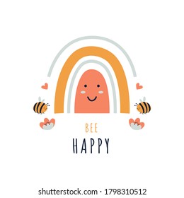 Cute rainbow character. Hand drawn childish postcard with phrase, kids print for nursery apparel, poster, fabric. Vector Illustration.