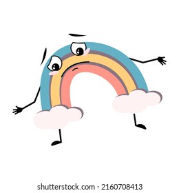Cute rainbow character with sad emotions, depressed face, down eyes, arms and legs. Person with melancholy expression and pose. Vector flat illustration
