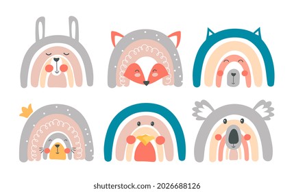 Cute rainbow characters. Stickers with hare, fox, bear and duck in shape of arc. Design elements for decorating children room and printing on fabric. Cartoon flat vector collection on white background