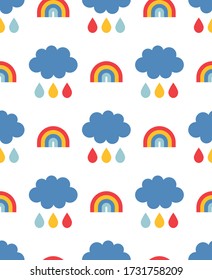 El arcoiris y el bebé en la nube son un patrón sin fisuras. Ilustración vectorial.