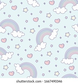 Cute rainbow with cloud, heart and stars on a light blue background seamless pattern.