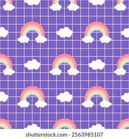 Cute rainbow and cloud on white grid purple background seamless pattern.