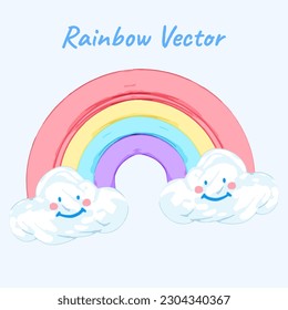 Arcoiris y sonrisa en el cielo de la nube frente al vector de pintura al óleo