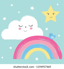 Cute rainbow, cloud, star and little bird vector illustration for kids, prints, textile artwork.