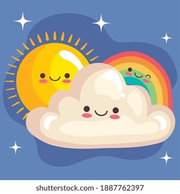 cute rainbow and cloud with sun stickers kawaii characters vector illustration design