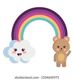 cute rainbow with cloud and teddy kawaii characters