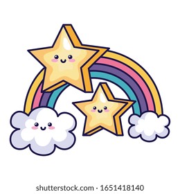 cute rainbow with clouds ans stars kawaii style vector illustration design