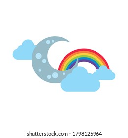 cute rainbow with clouds and crescent moon flat style icon vector illustration design