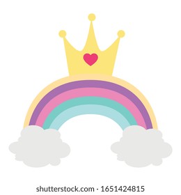 cute rainbow with clouds and crown vector illustration design