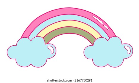 Cute rainbow with clouds in gentle colors. Vector Illustration for print, cards.