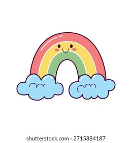 Cute rainbow with clouds illustration in hand drawn kawaii style