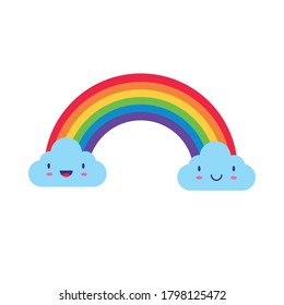 arco iris lindo con nubes caracteres kawaii estilo plano icono ilustración vectorial diseño