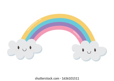 cute rainbow clouds kawaii fantasy cartoon character on white background vector illustration