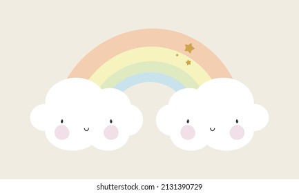 Cute Rainbow and Clouds. For kids stuff, card, posters, banners, books, printing on the pack, printing on clothes, fabric, wallpaper, textile or dishes. Vector illustration.