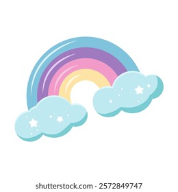 Cute Rainbow with clouds. Magical element on a white background. Print for t-shirt or sticker. Hand drawing vector illustration.