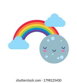 cute rainbow with clouds and moon kawaii flat style icon vector illustration design
