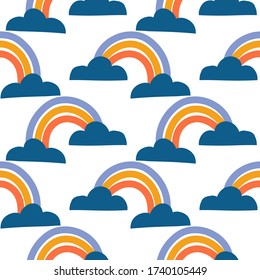 Arcoiris, nubes, lluvia, estrellas y relleno vectorial sin fisuras dibujado a mano en la luna. Un bonito dibujo infantil. Papel de envoltura para bebés, textil, ilustración vectorial 