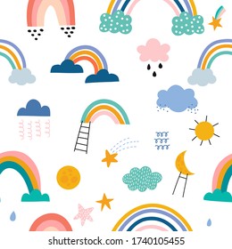 Cute rainbow, clouds, rain, stars and moon hand drawn seamless vector fill. Cute childish drawing. Baby wrapping paper, textile, vector illustration 