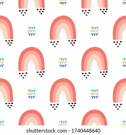 Cute rainbow, clouds, rain, stars and moon hand drawn seamless vector fill. Cute childish drawing. Baby wrapping paper, textile, vector illustration 