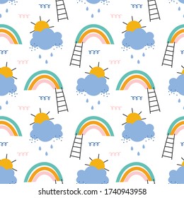 Cute rainbow, clouds, rain, stars and moon hand drawn seamless vector fill. Cute childish drawing. Baby wrapping paper, textile, vector illustration 