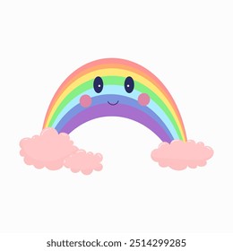 Cute rainbow in clouds with smile. Children background element, nature, environment. Vector isolated on white background. Graphic print, invitation, wallpaper, nursery, textile.