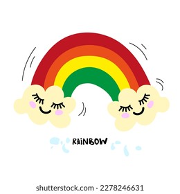 Cute Rainbow und Clouds Lächeln Gesicht in hellem Licht  Farben mit "Rainbow" auf weißem Hintergrund. Vektorgrafik.