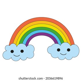 Cute Rainbow and clouds with smiley face isolated on white background. Hand drawn vector icon.