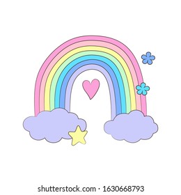 Cute rainbow clouds and stars. Sweet pastel colors. Magic dream vector illustration. Baby girl theme. Soft spring colors. Kids fashion print or nursery poster. Card decoration. Hand drawn art. 