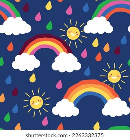 Arcoiris y nubes, sol, lluvia. Patrón transparente para los niños, los niños imprimen el fondo del diseño. Dibujo de dibujos animados de tipo vector colorido con un personaje de sol sonriente feliz