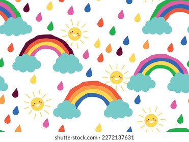 Arcoiris y nubes, sol, lluvia. Patrón transparente para los niños, los niños imprimen el fondo del diseño. Dibujo de dibujos animados de tipo vector colorido con un personaje de sol sonriente feliz