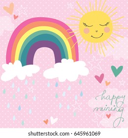 Cute Rainbow Clouds Sun Raining Pastel Spring Vector Illustration