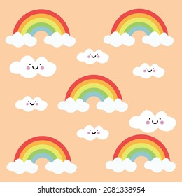 cute rainbow and clouds texture pattern concept for kids orange background